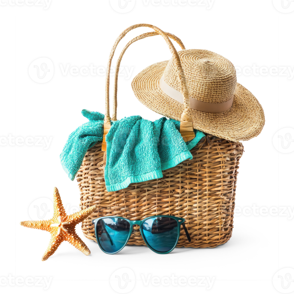 wicker basket with sunglasses, starfish and towel on transparent background png
