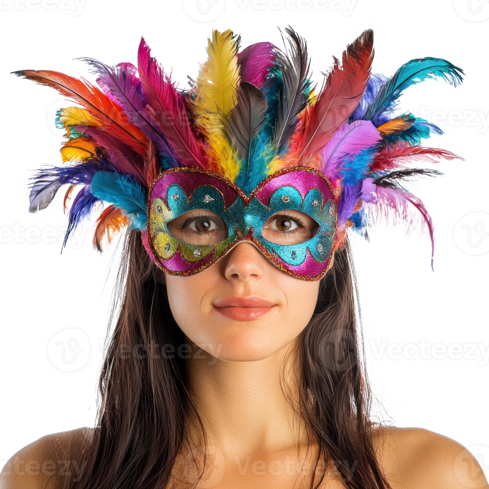 Woman wearing Mardi Gras mask decorated with colorful feathers isolate on transparent background png