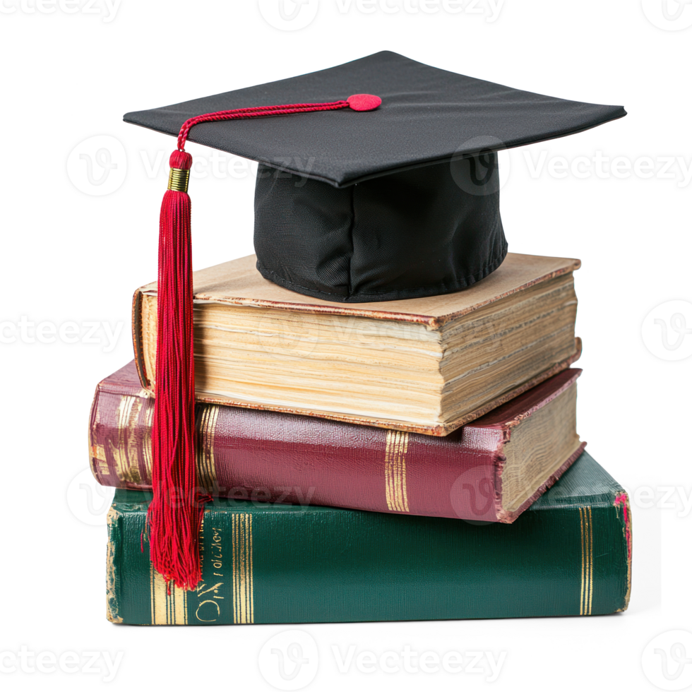 Graduation cap on stack books isolate on transparent background png