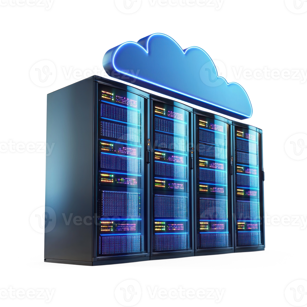 3D cloud data connect with modern Network server racks front view isolate on transparent background png