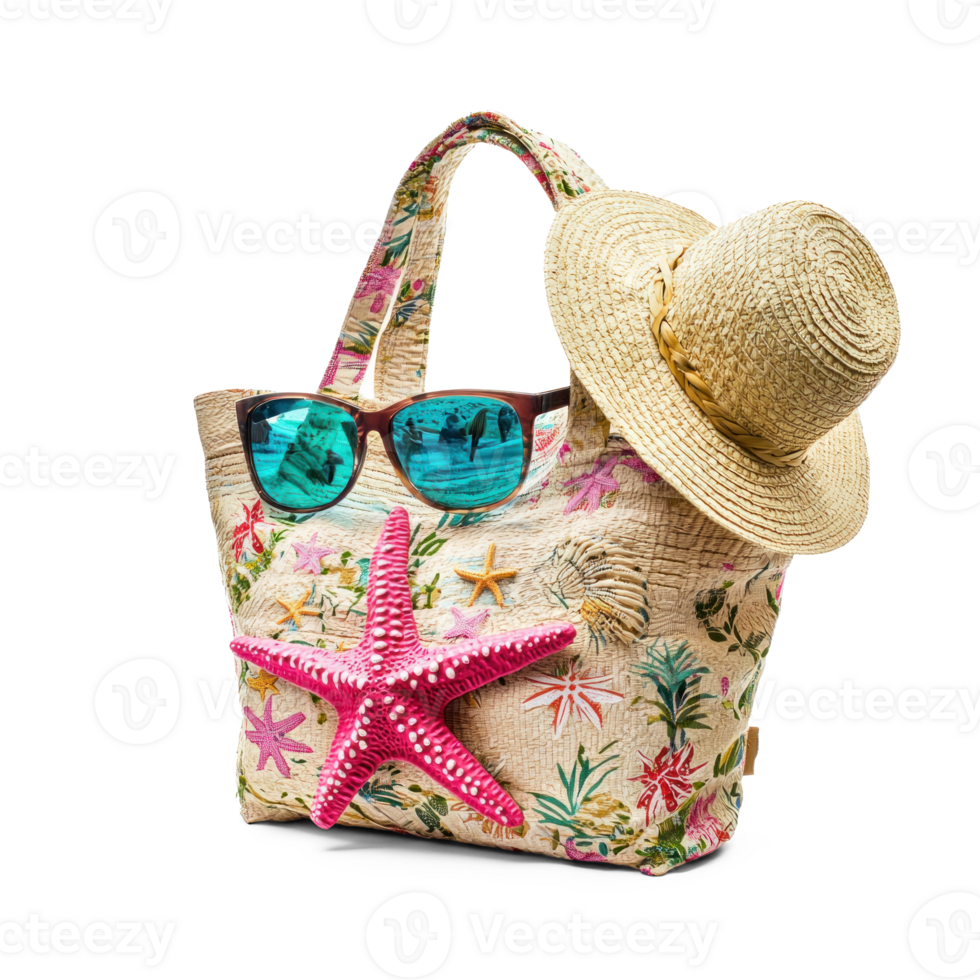 Beach bag with towel starfish straw hat and sunglasses, travel holiday concept isolate on transparent background png