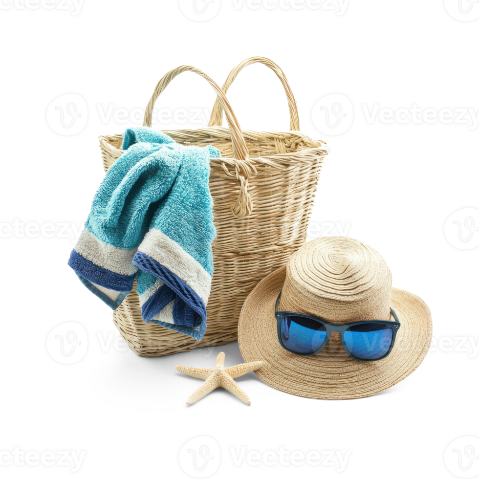 Beach bag with towel starfish straw hat and sunglasses, travel holiday concept side view isolate on transparent background png