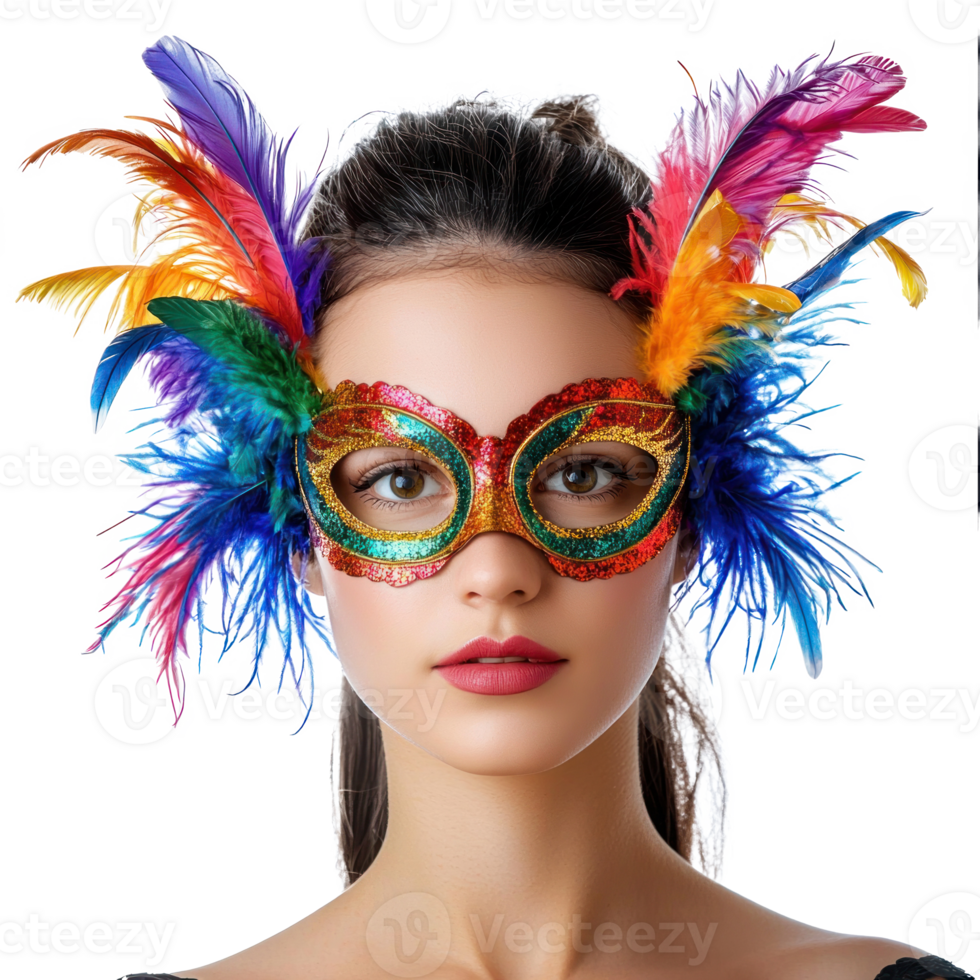 beautiful woman wearing colorful carnival mask png