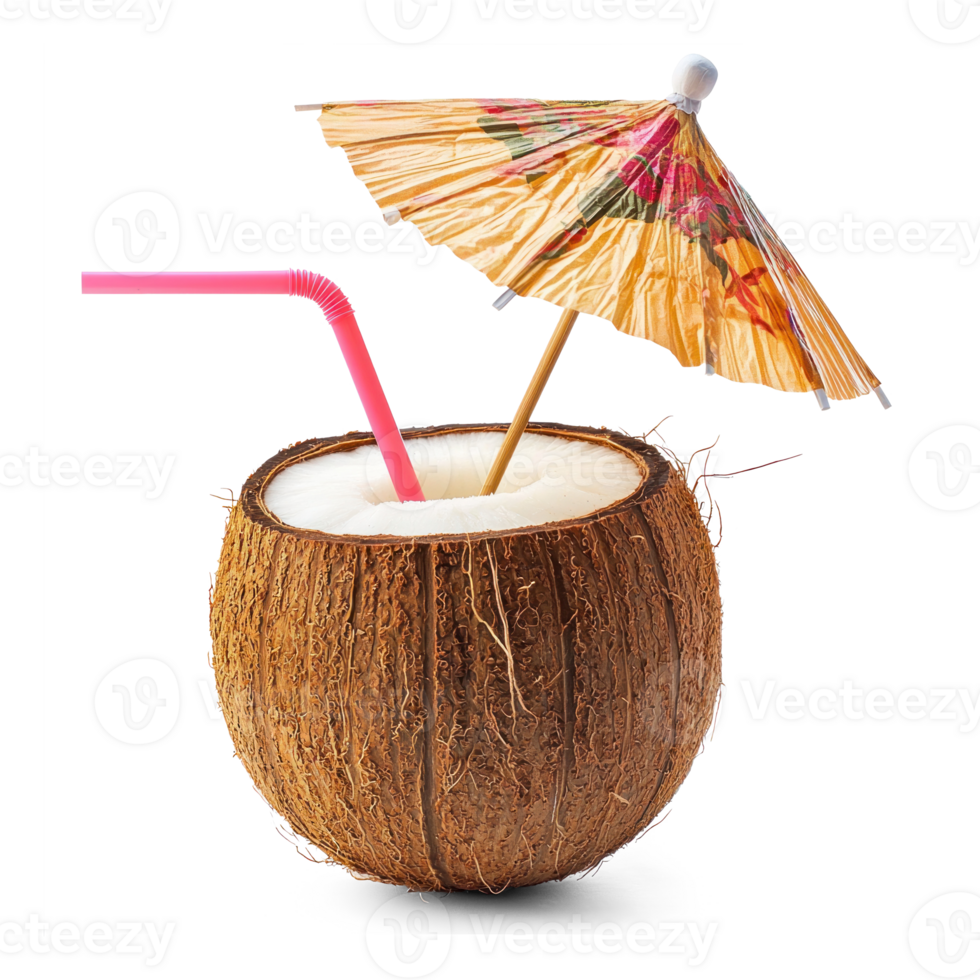 Coconut cocktail with small umbrella and Straw isolate on transparent background png