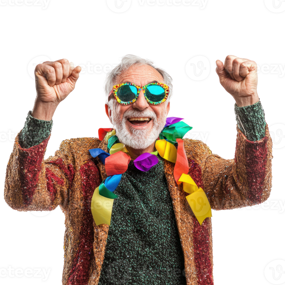 Senior man celebrating carnival, standing isolate on transparent background png