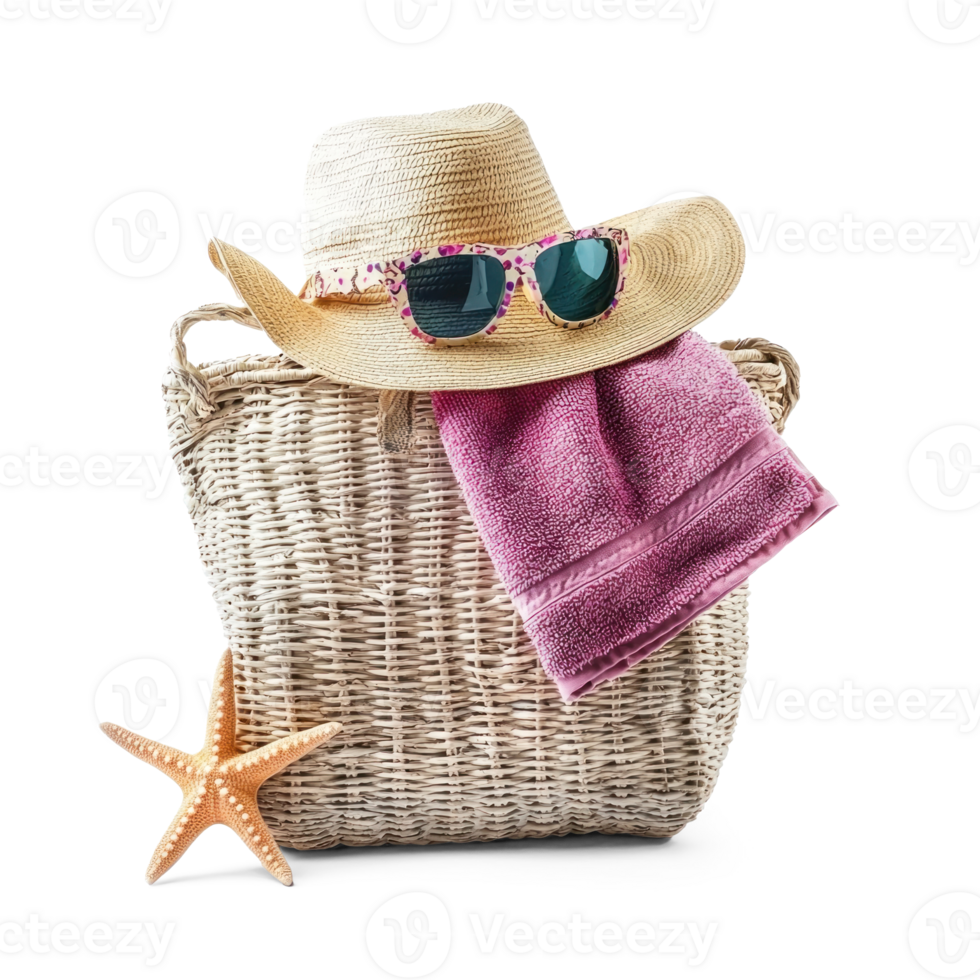 hat sunglasses beach towel and starfish isolate on transparent background png