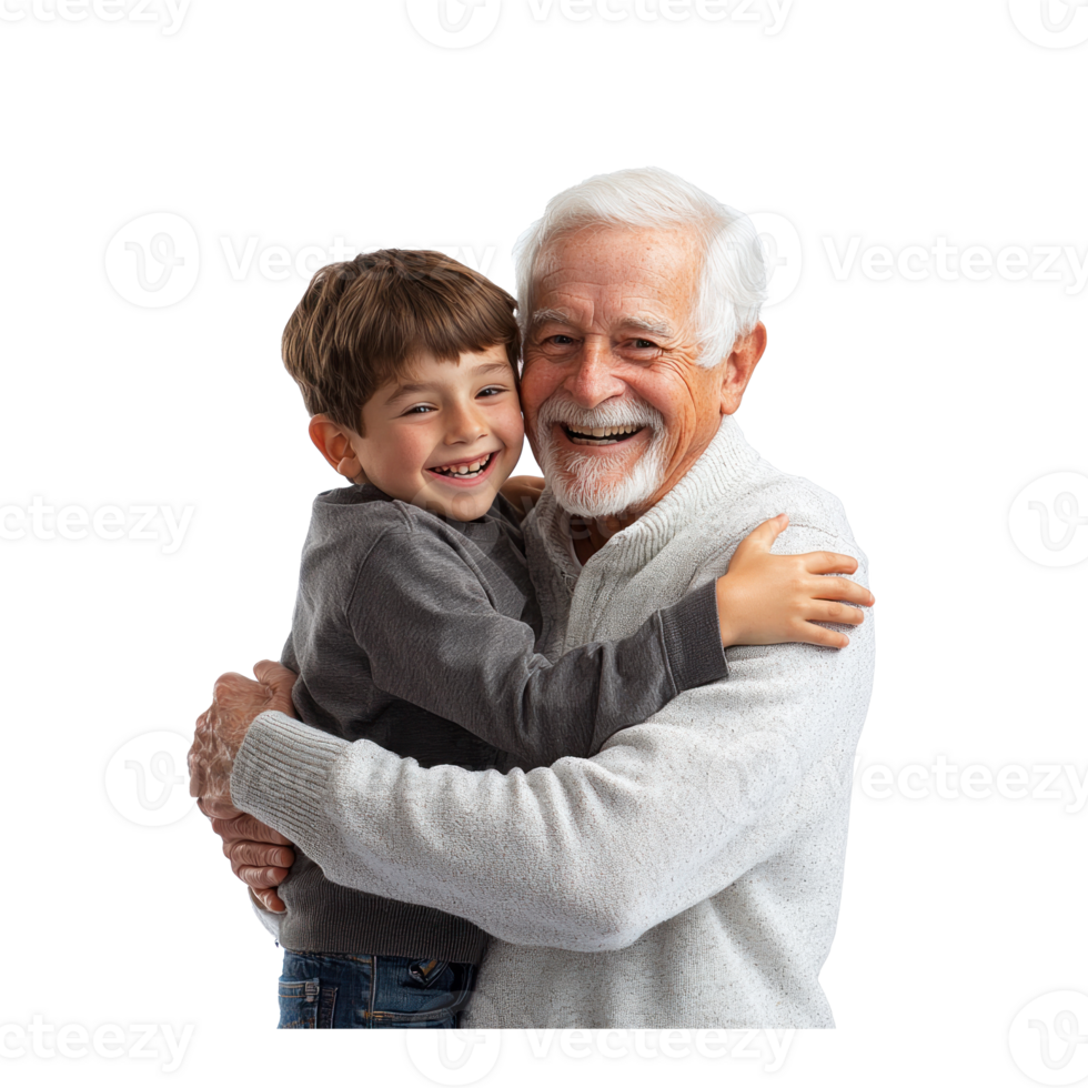 Grandfather hugging grandson laughing together standing isolate on transparent background png