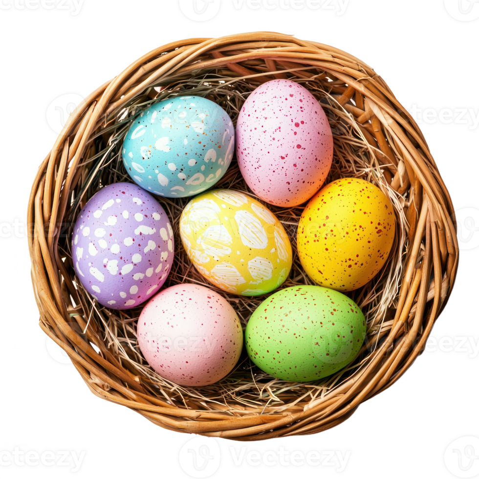 Easter eggs in new basket top view isolate on transparent background png