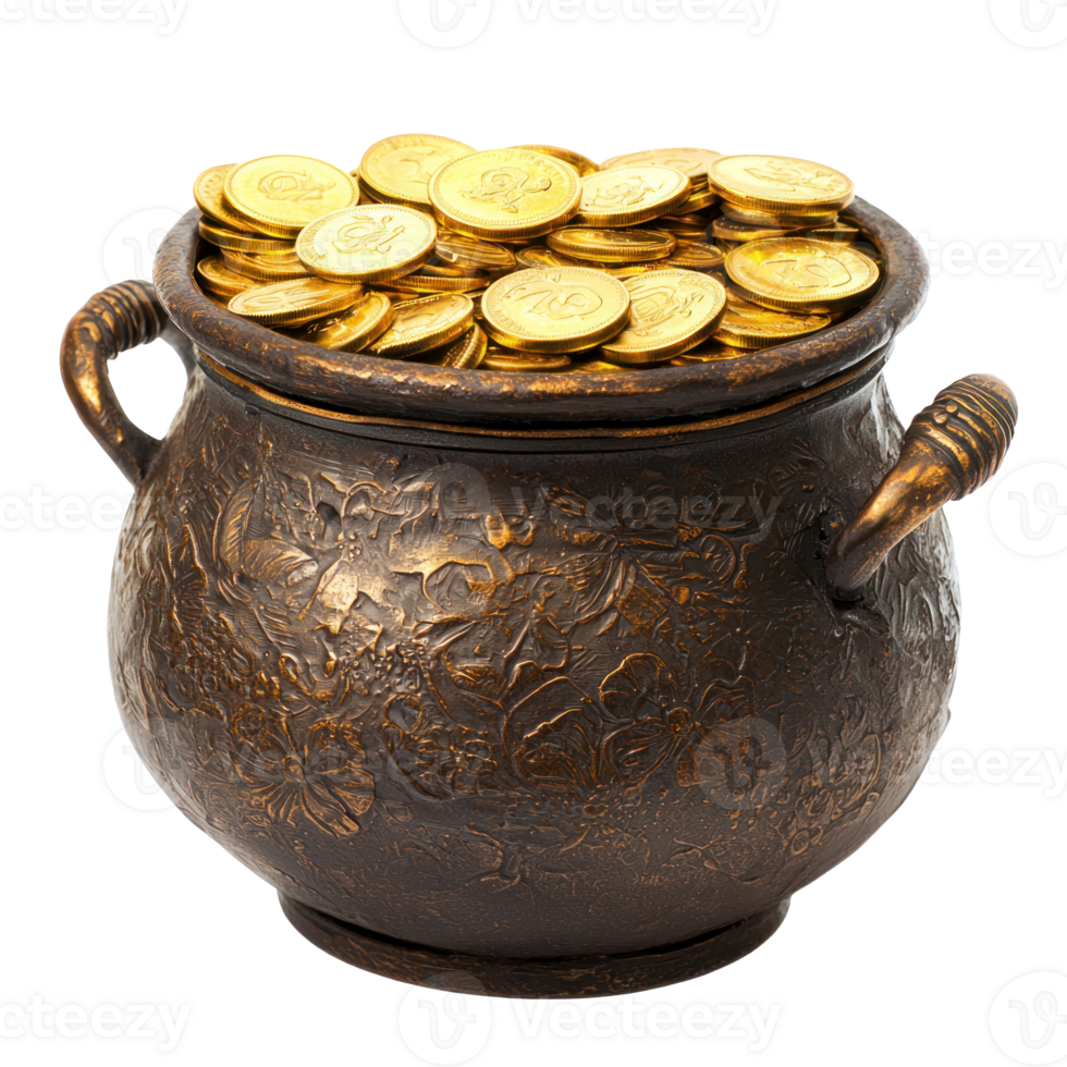 golden coins in iron pot front view isolate on transparent background png