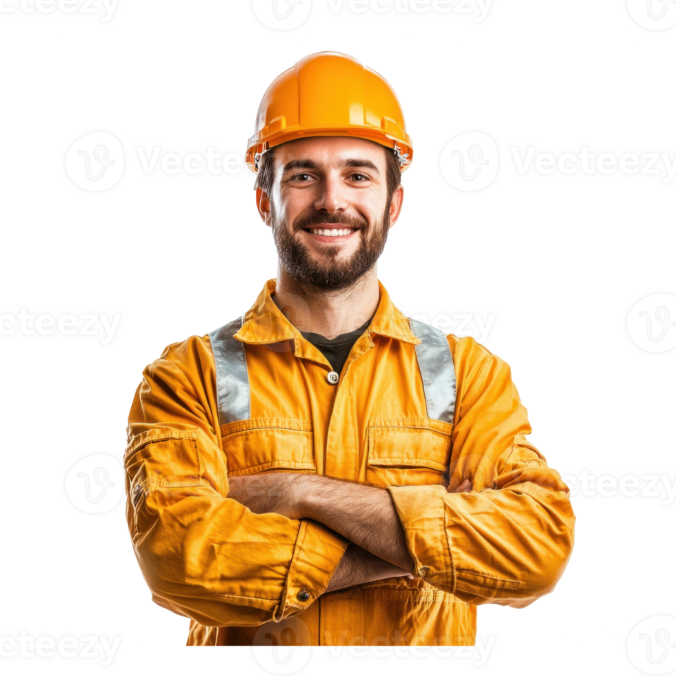 Smiling construction worker or engineer standing with arm cross isolate on transparent background png