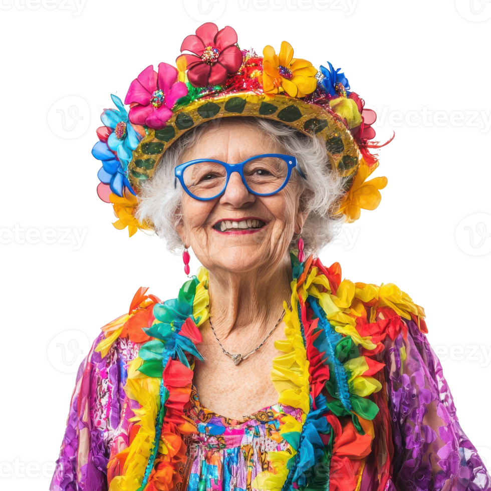 Senior woman celebrating carnival, standing isolate on transparent background png