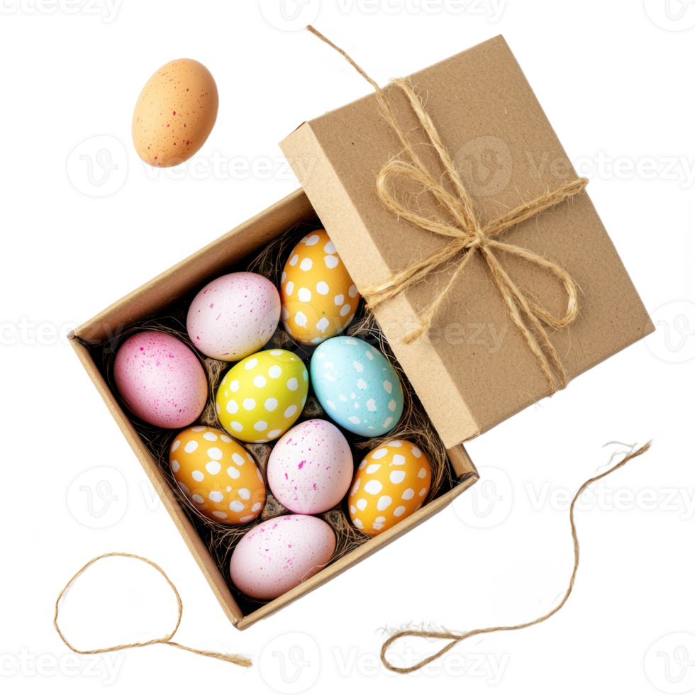 Gift box open with easter eggs top view isolate on transparent background png
