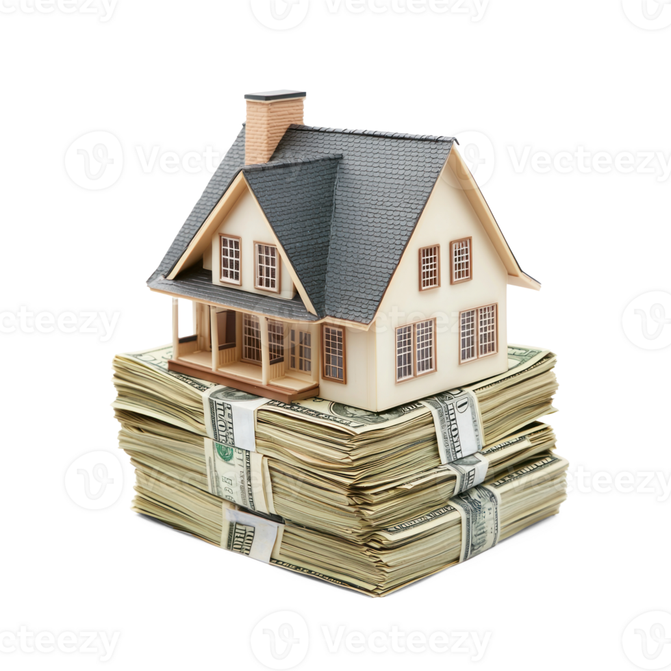 Modern minimature house on stack US dollar side view isolate on transparent background png