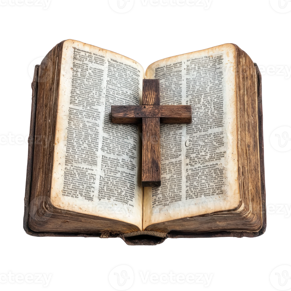 Open bible book with Wooden cross in the middle side view isolate on transparent background png