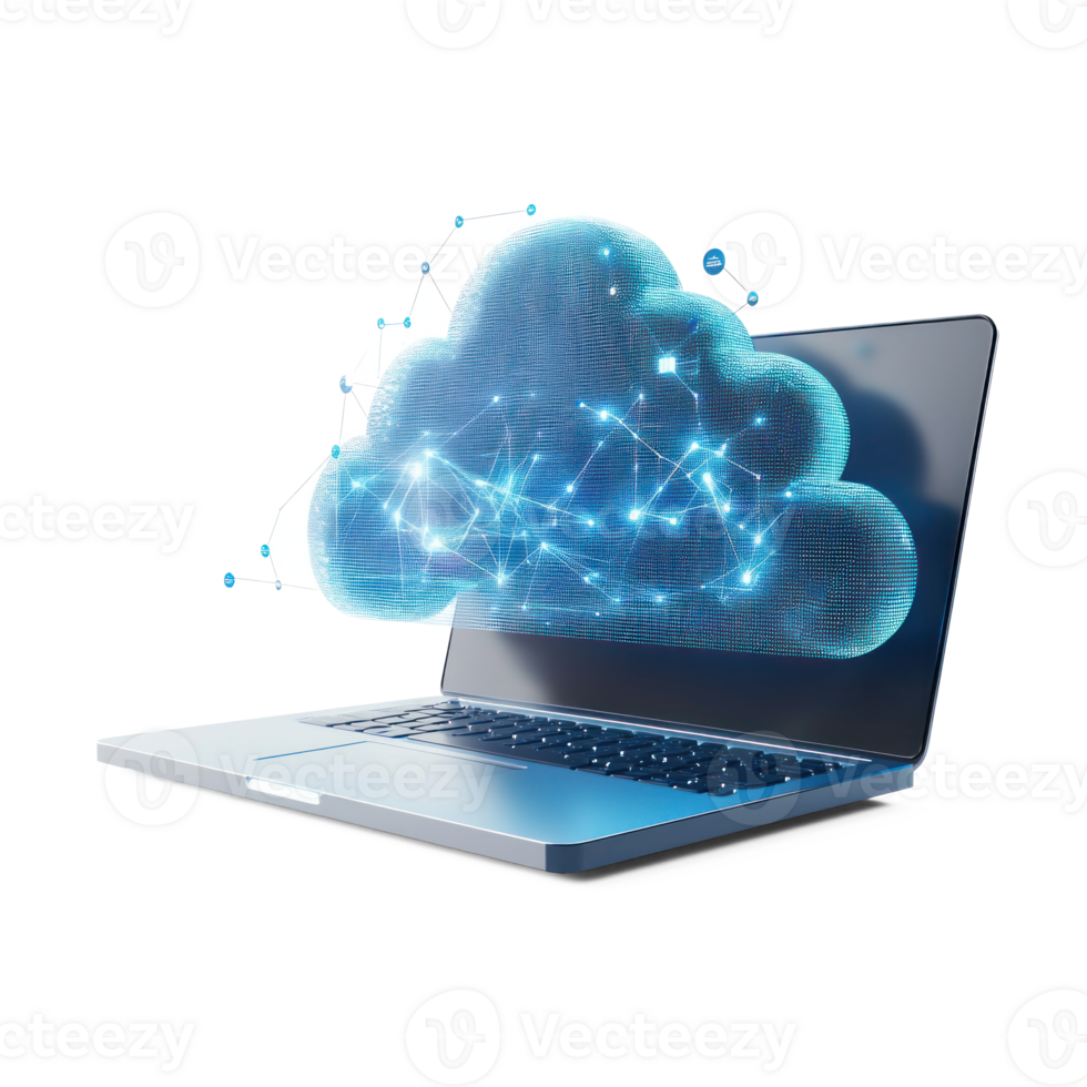 3D cloud data connect with laptop side view isolate on transparent background png