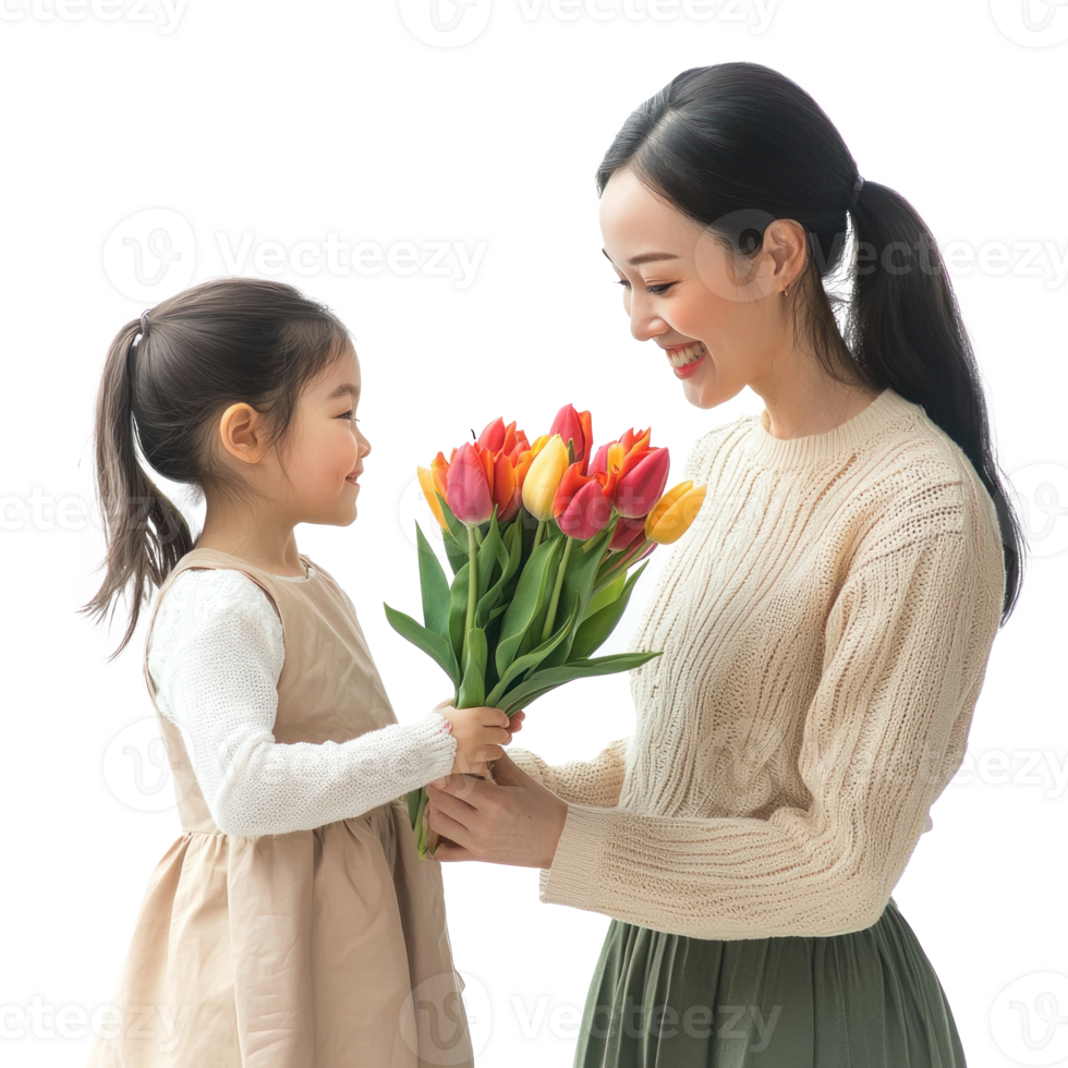 Daughter giving bunch of tulip to mother, standing, womens day concept isolate on transparent background png