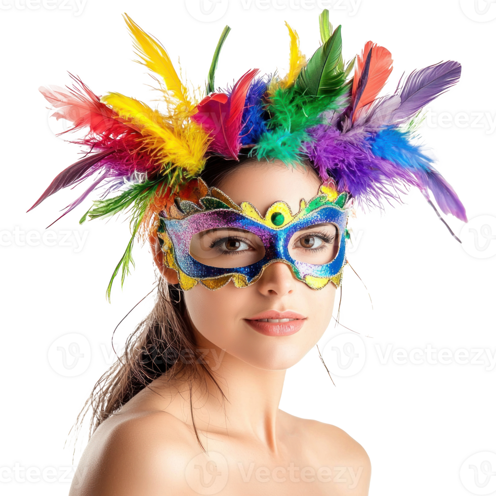 beautiful woman wearing colorful carnival mask isolate on transparent background png