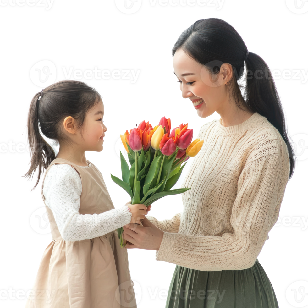 mother and daughter holding tulips on white background png