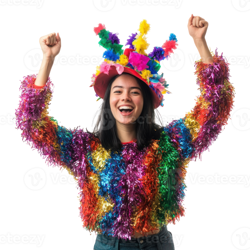 young woman celebrating carnival, standing isolate on transparent background png