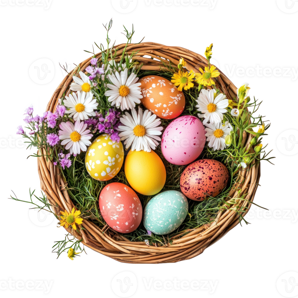 Basket with easter eggs and flowers top view isolate on transparent background png