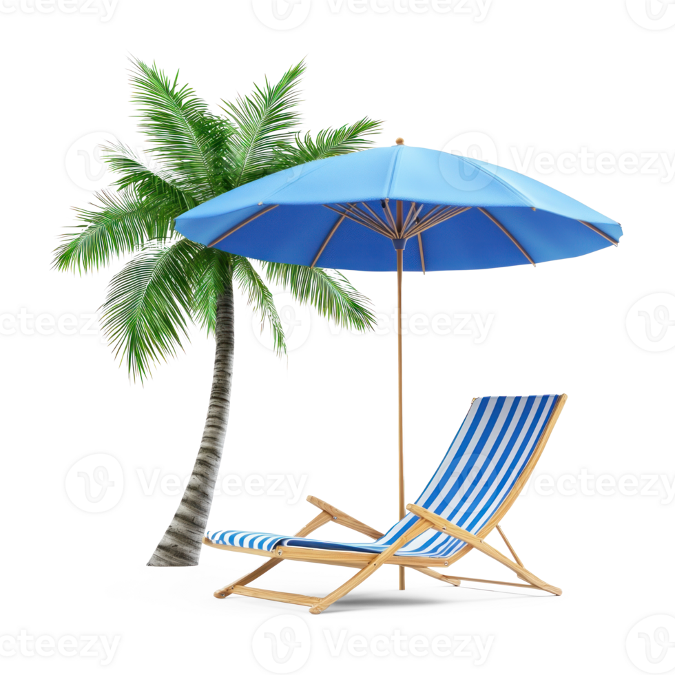 Beach umbrella and deck chair and palm tree, travel and tourism concept side view isolate on transparent background png