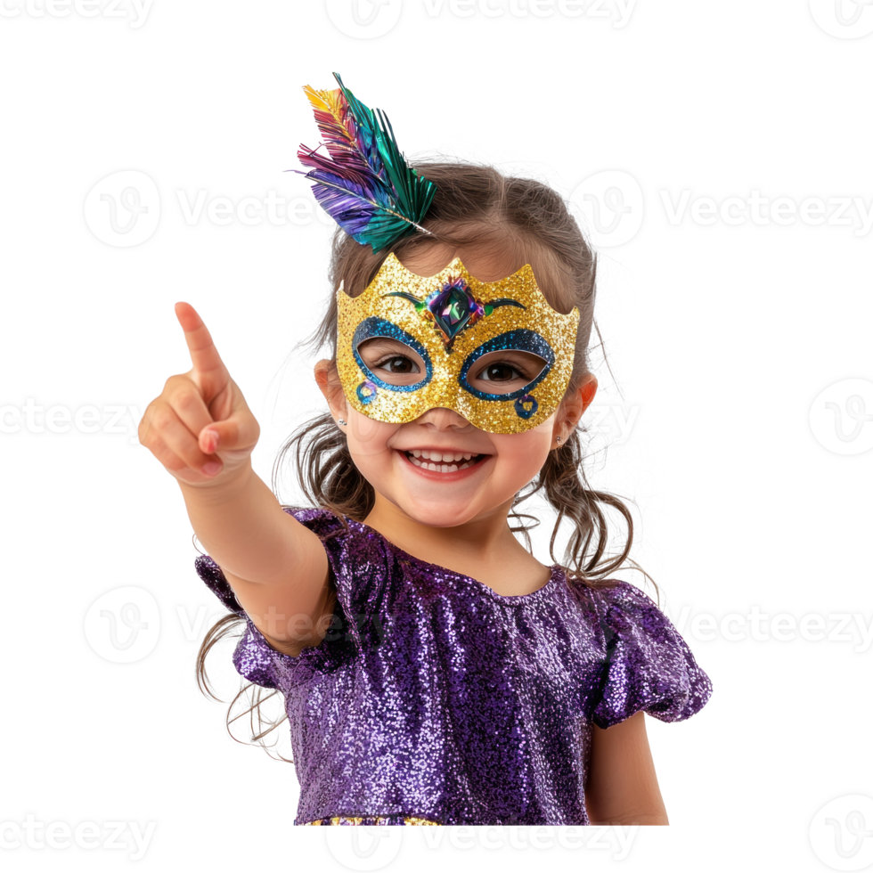 Smiling Little girl wearing with Mardi Gras mask with hand pointing, standing isolate on transparent background png