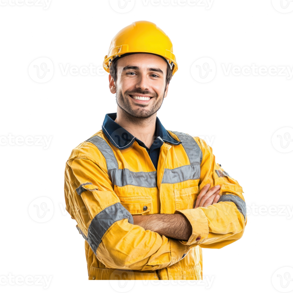 a smiling man in yellow hard hat and yellow work clothes png