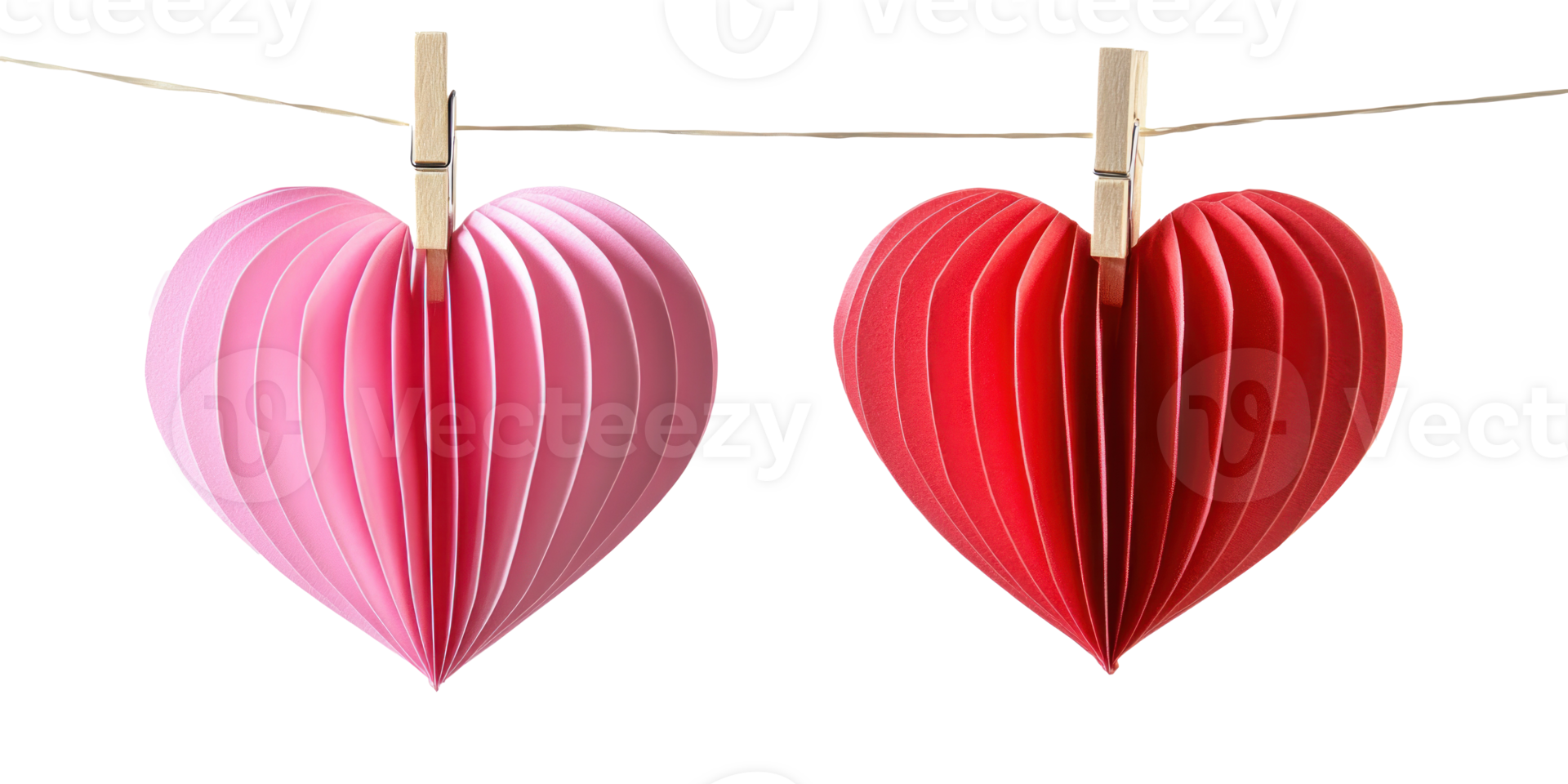 New Red and pink paper heart hang on a thread with clothespin, garland isolate on transparent background png
