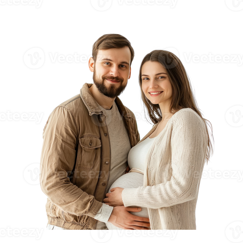 Happy man and his pregnant wife standing isolate on transparent background png