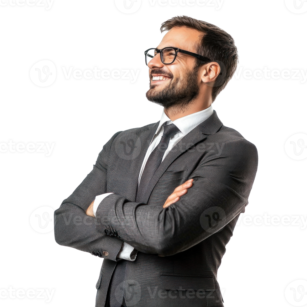 Smiling business man arm cross, standing side view isolate on transparent background png