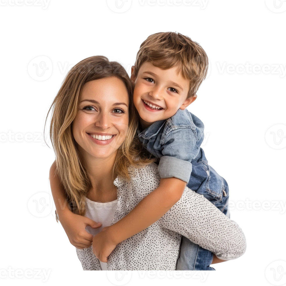 Mother giving her son a piggy back ride, standing isolate on transparent background png