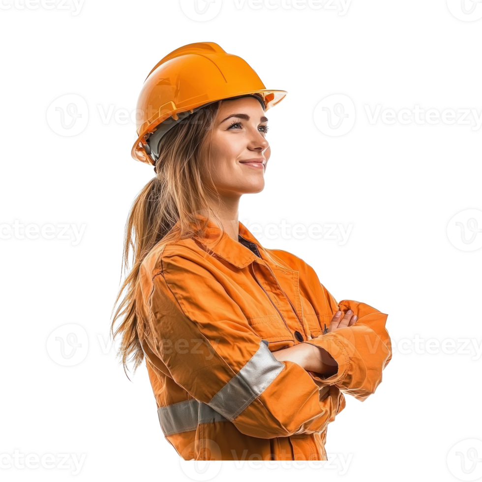 Smiling female construction worker or engineer standing with arm cross side view isolate on transparent background png