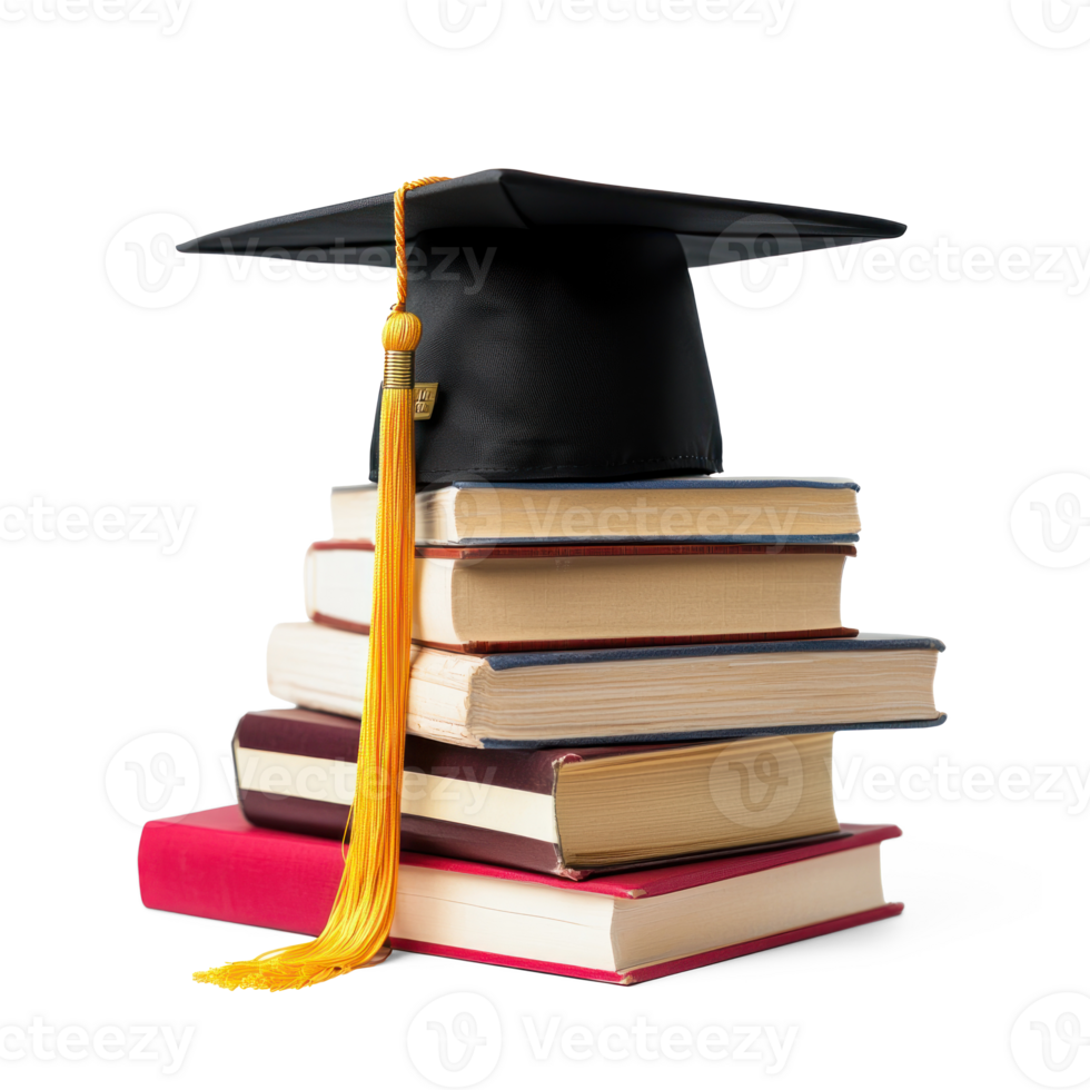 Graduation cap on stack books front view isolate on transparent background png