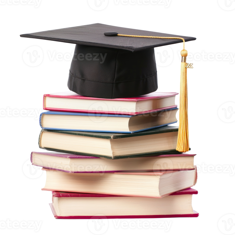 graduation cap on top of books isolate on transparent background png