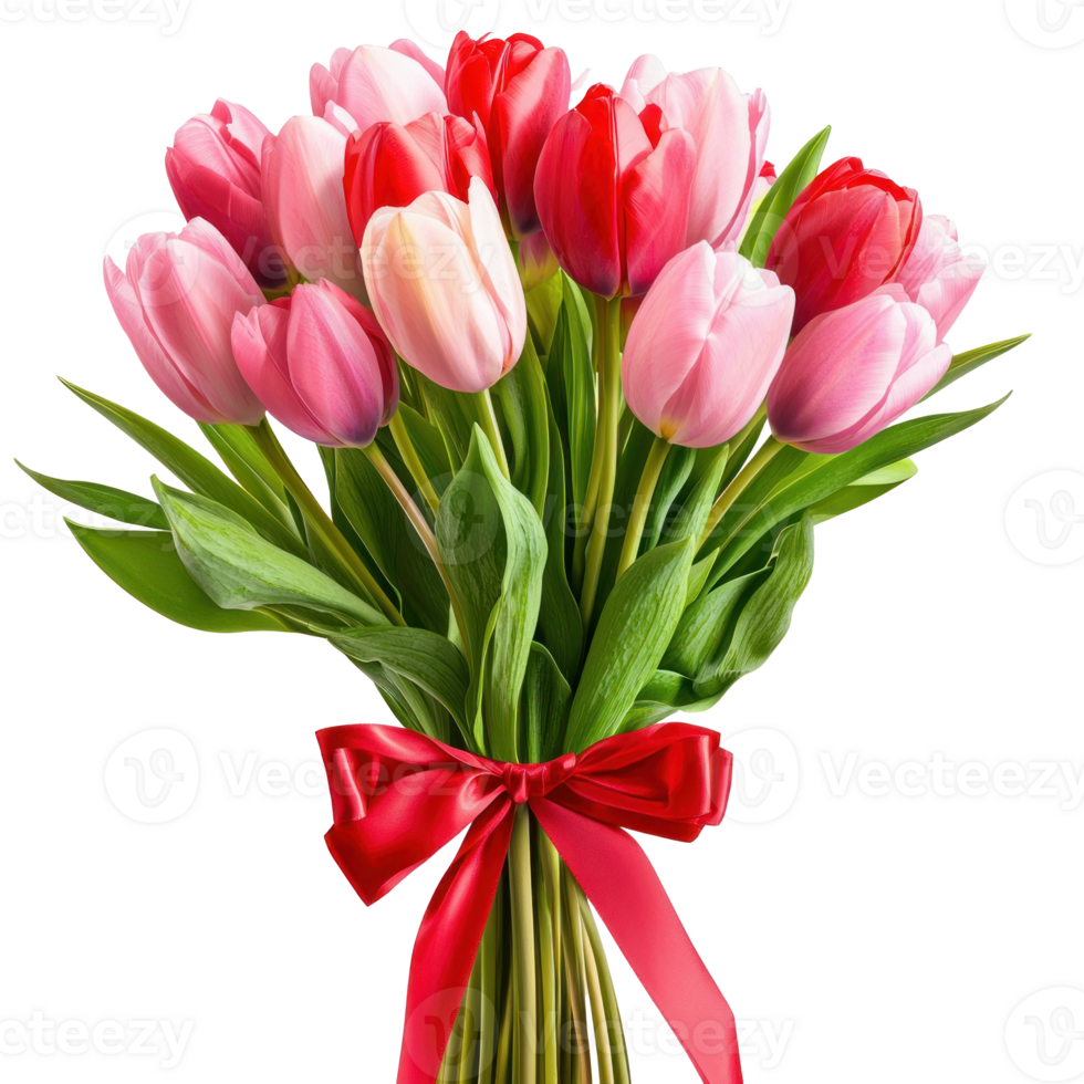 Pink and red Bouquet Tulips with red ribbon and bow isolate on transparent background png