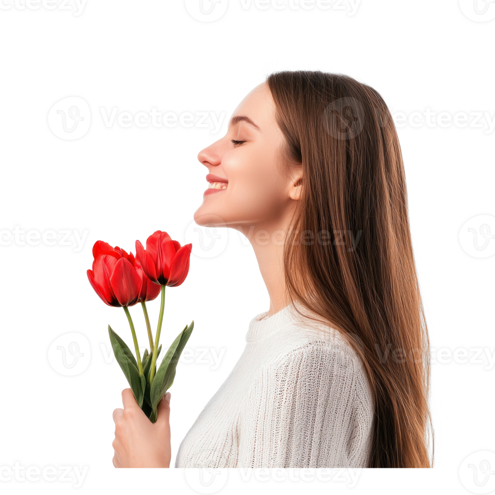 Smiling young woman holding red rulips, standing, womens day concept side view isolate on transparent background png