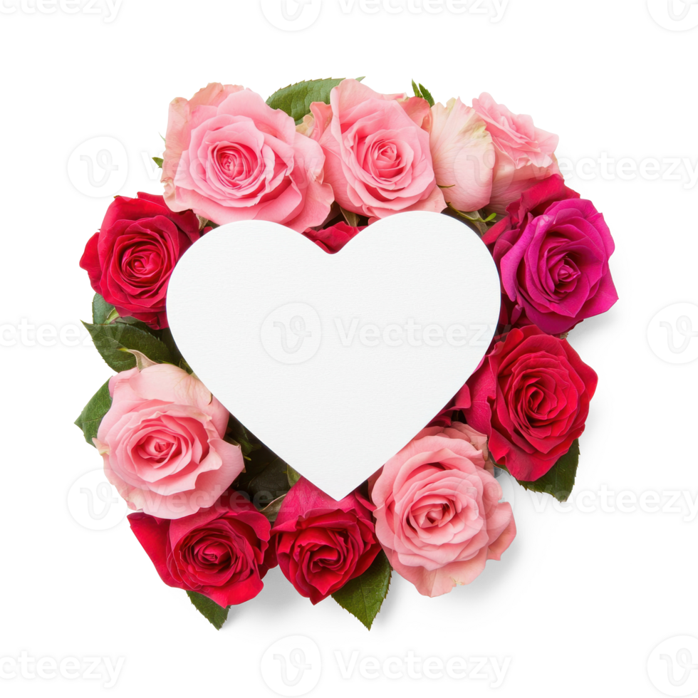 Empty White note heart shape paper in front of pink and red rose bunch isolate on transparent background png