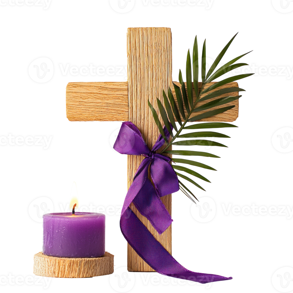 Wooden Cross with purple ribbon and palm leaf and burning candle, lent concept front view isolate on transparent background png