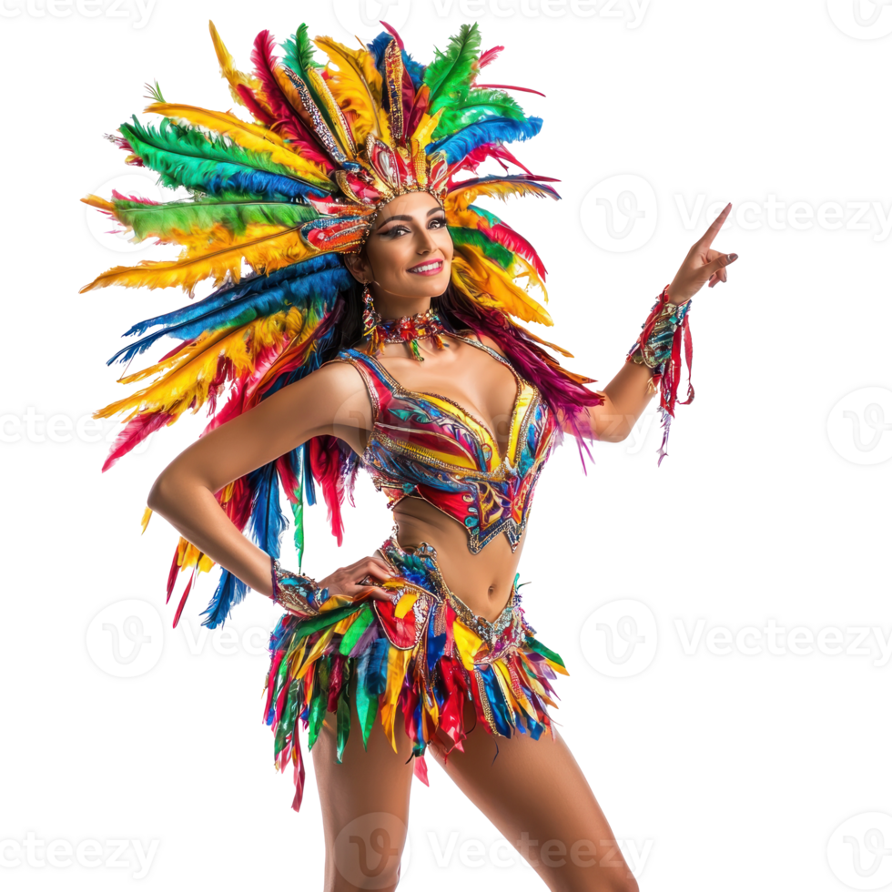 Woman wearing Samba dance costume with hand pointing, carnival concept isolate on transparent background png