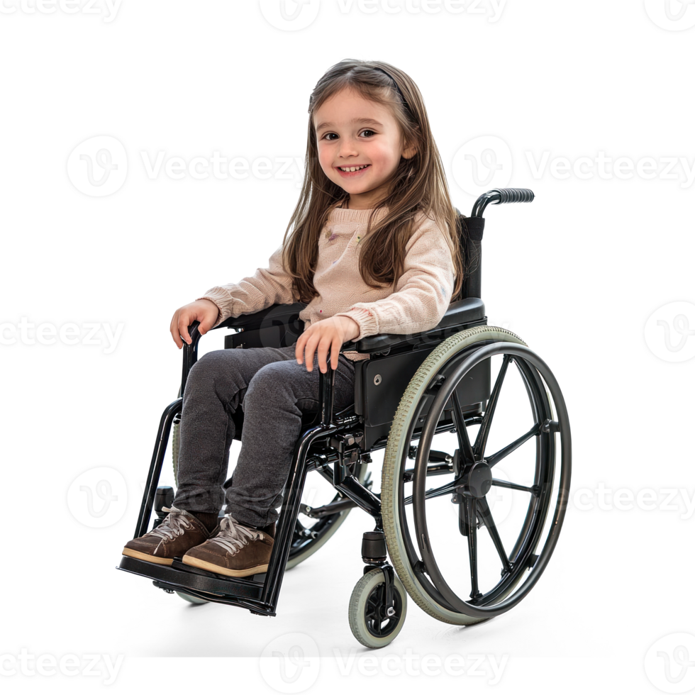 Smiling little girl in wheel chair isolate on transparent background png