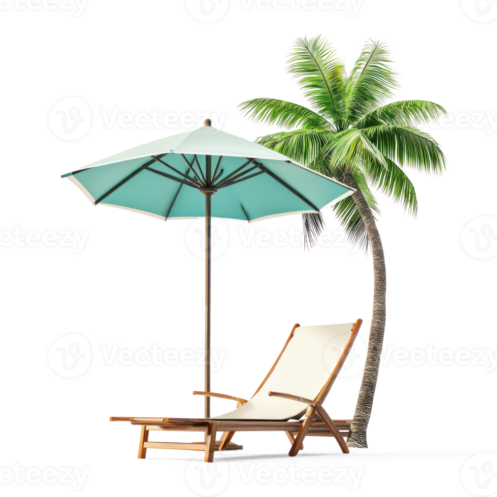 a beach chair and umbrella under a palm tree png