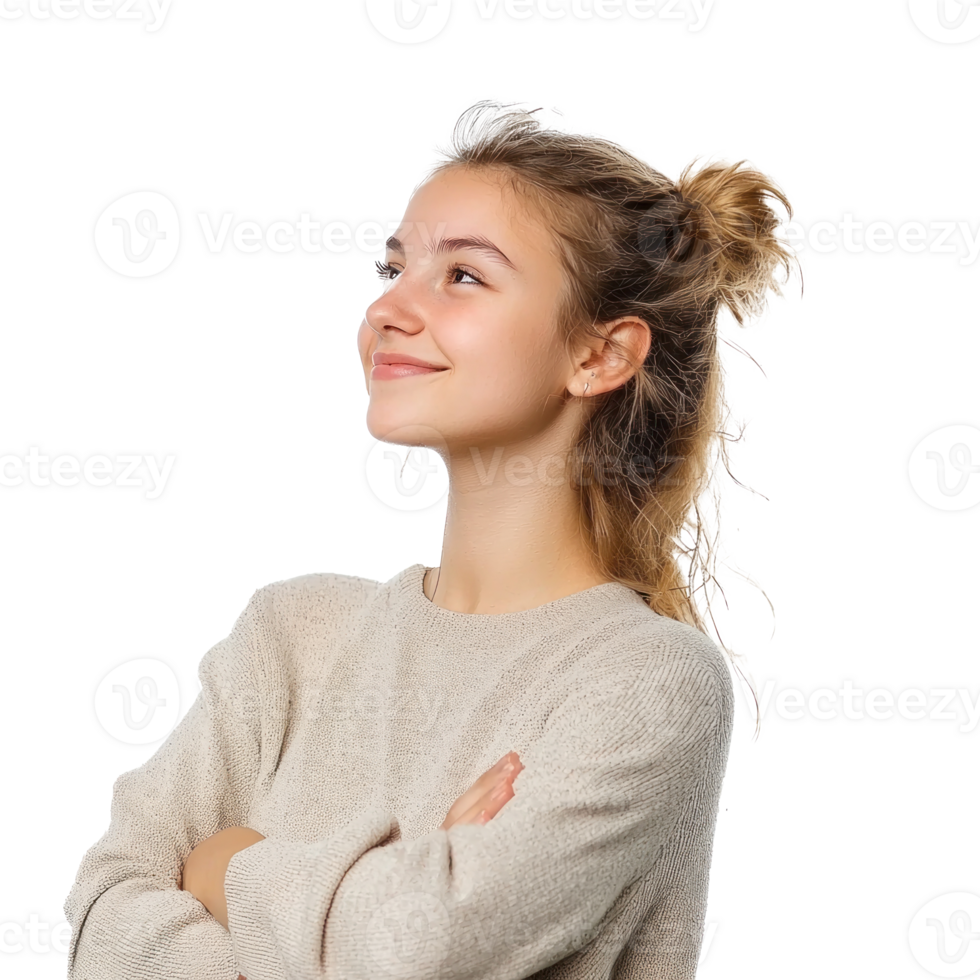Smiling young woman with arm cross, standing, womens day side view isolate on transparent background png