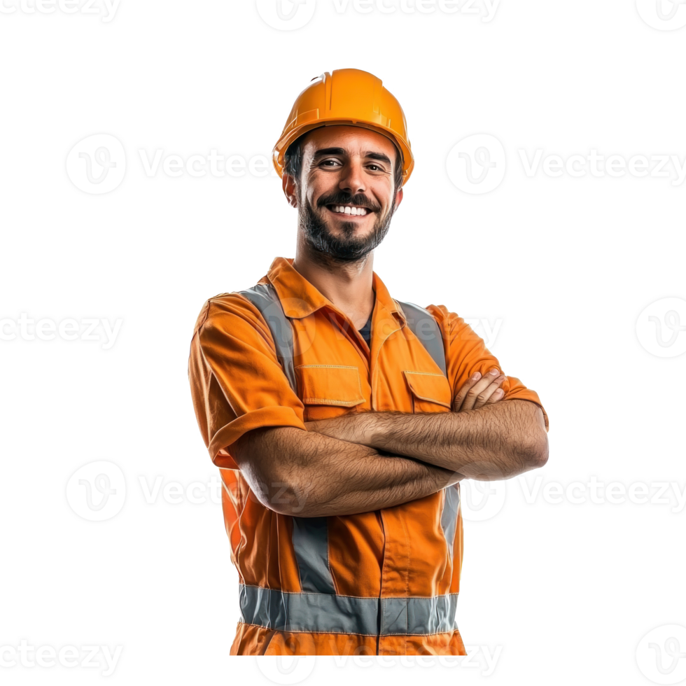 Smiling construction worker or engineer standing with arm cross front view isolate on transparent background png