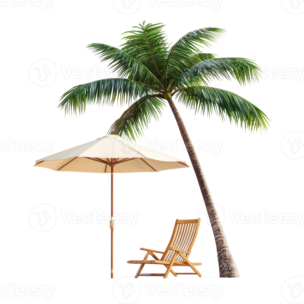 Beach umbrella and deck chair and palm tree, travel and tourism concept front view isolate on transparent background png