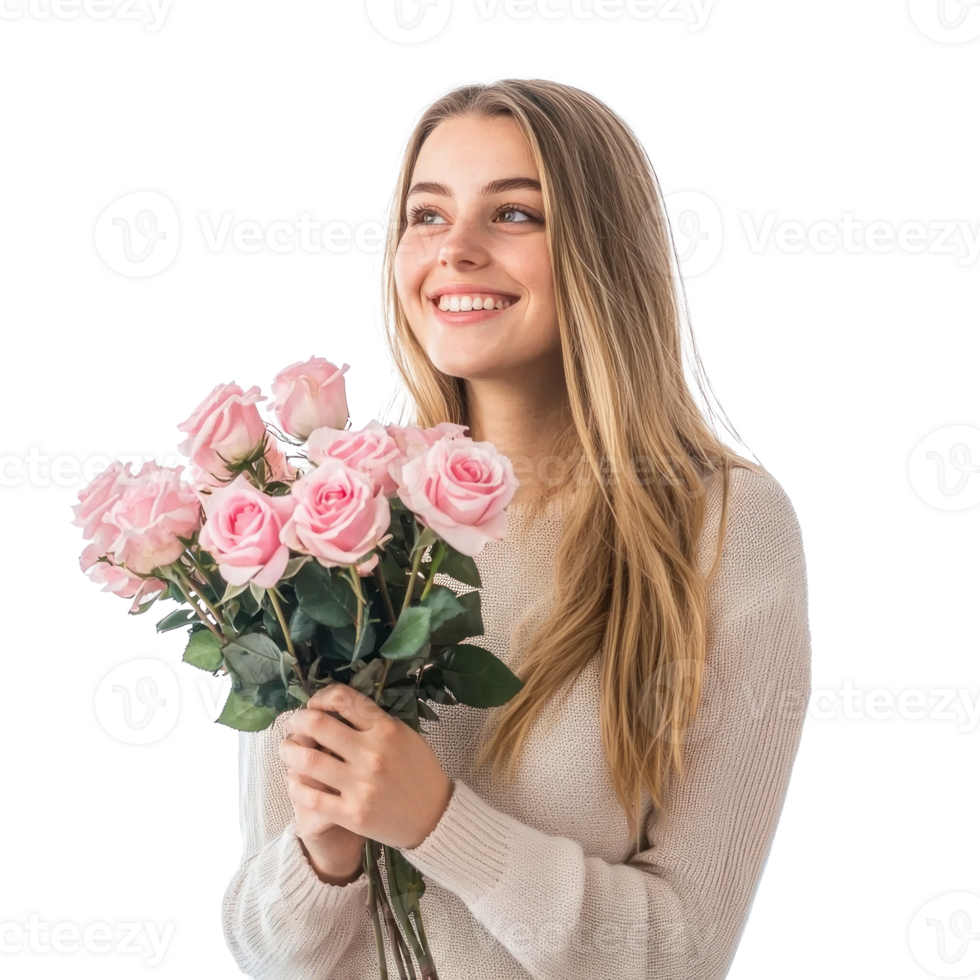 Smiling young woman holding pink roses, standing, womens day concept side view isolate on transparent background png