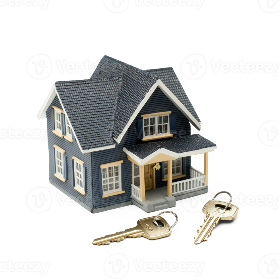 Small model house and key, real estate concept front view isolate on transparent background png