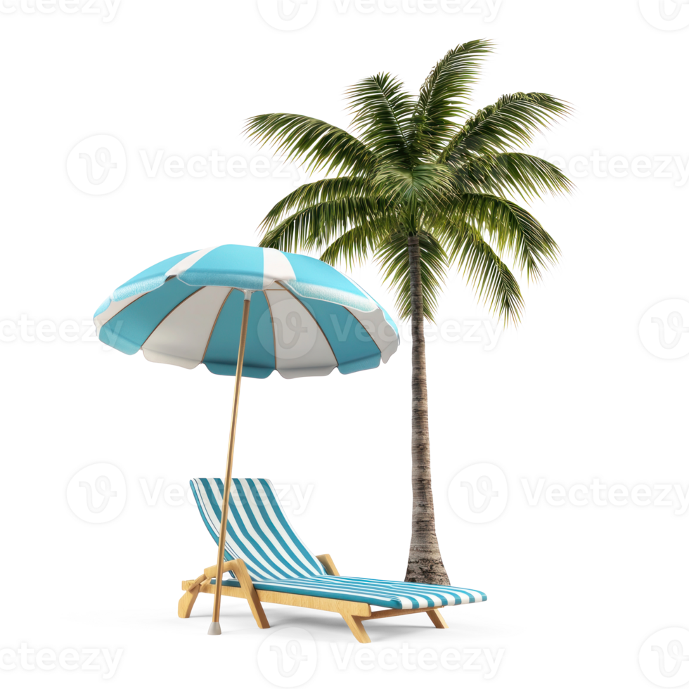 Beach umbrella and deck chair and palm tree, travel and tourism concept isolate on transparent background png