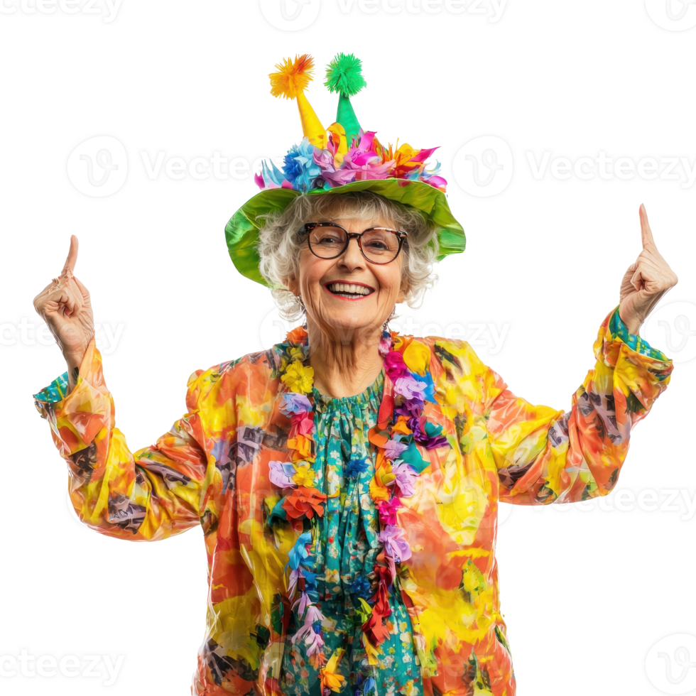an elderly woman in a colorful hat and party hat png