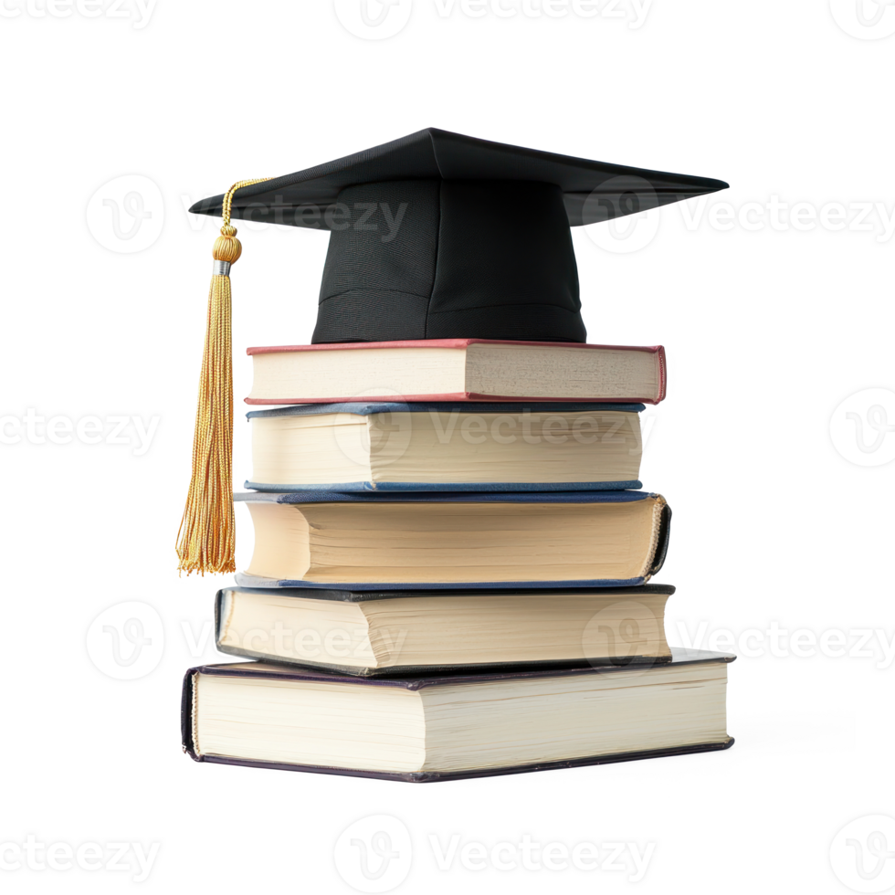 graduation cap on top of books and a graduation cap png
