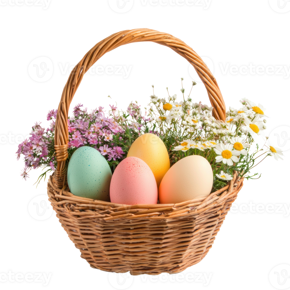 Basket with easter eggs and flowers isolate on transparent background png